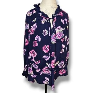 Rebecca Taylor Navy Blue Pink Floral 100% Silk Long-Sleeve Neck Tie Blouse-SZ 4